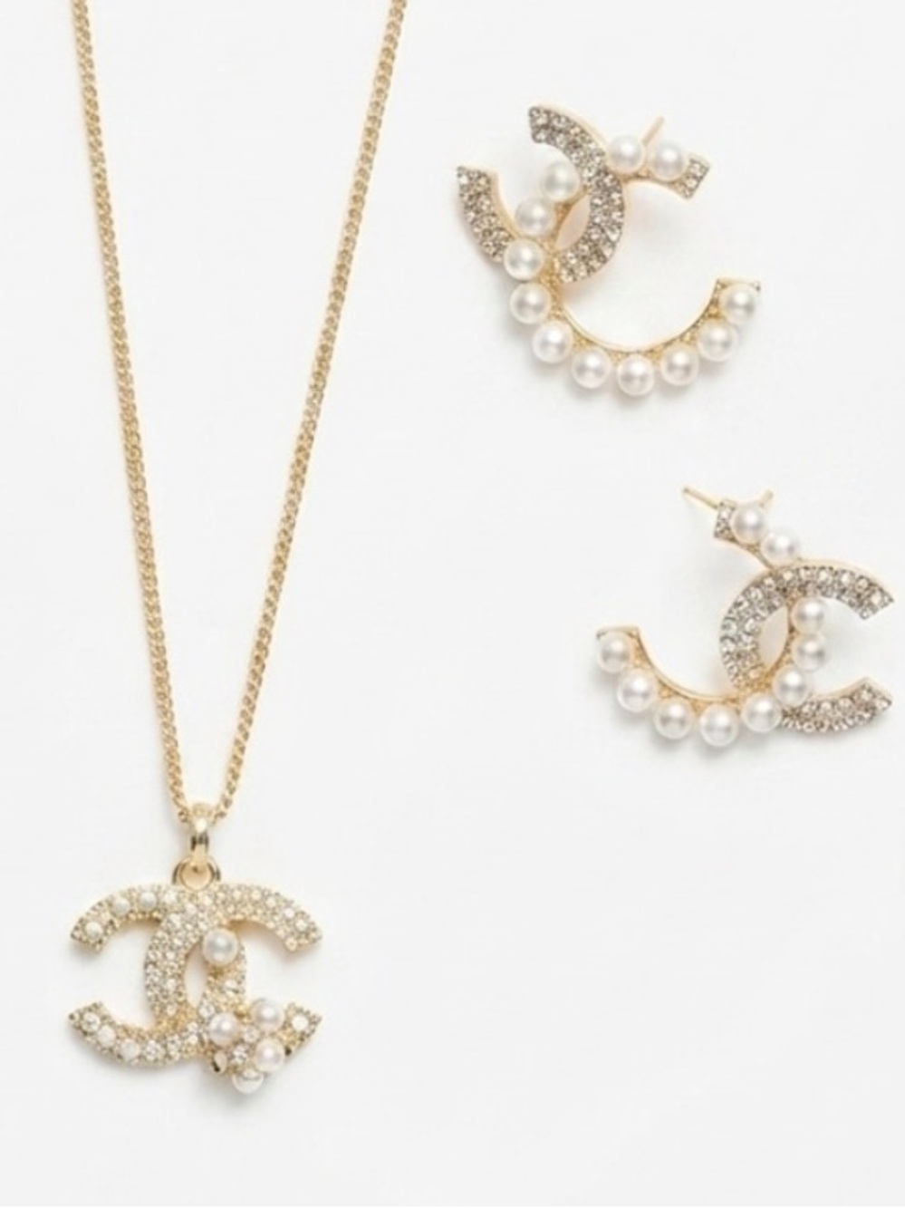 Gold Pearl & Crystal Lettered C Pendant Necklace and Earrings Set
